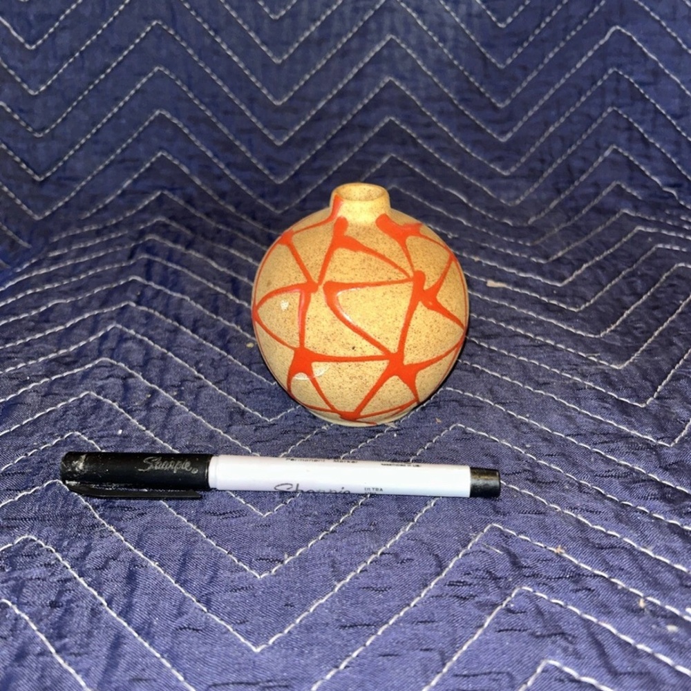 Handcrafted Round Ceramic Bud Vase with Orange Geometric Pattern